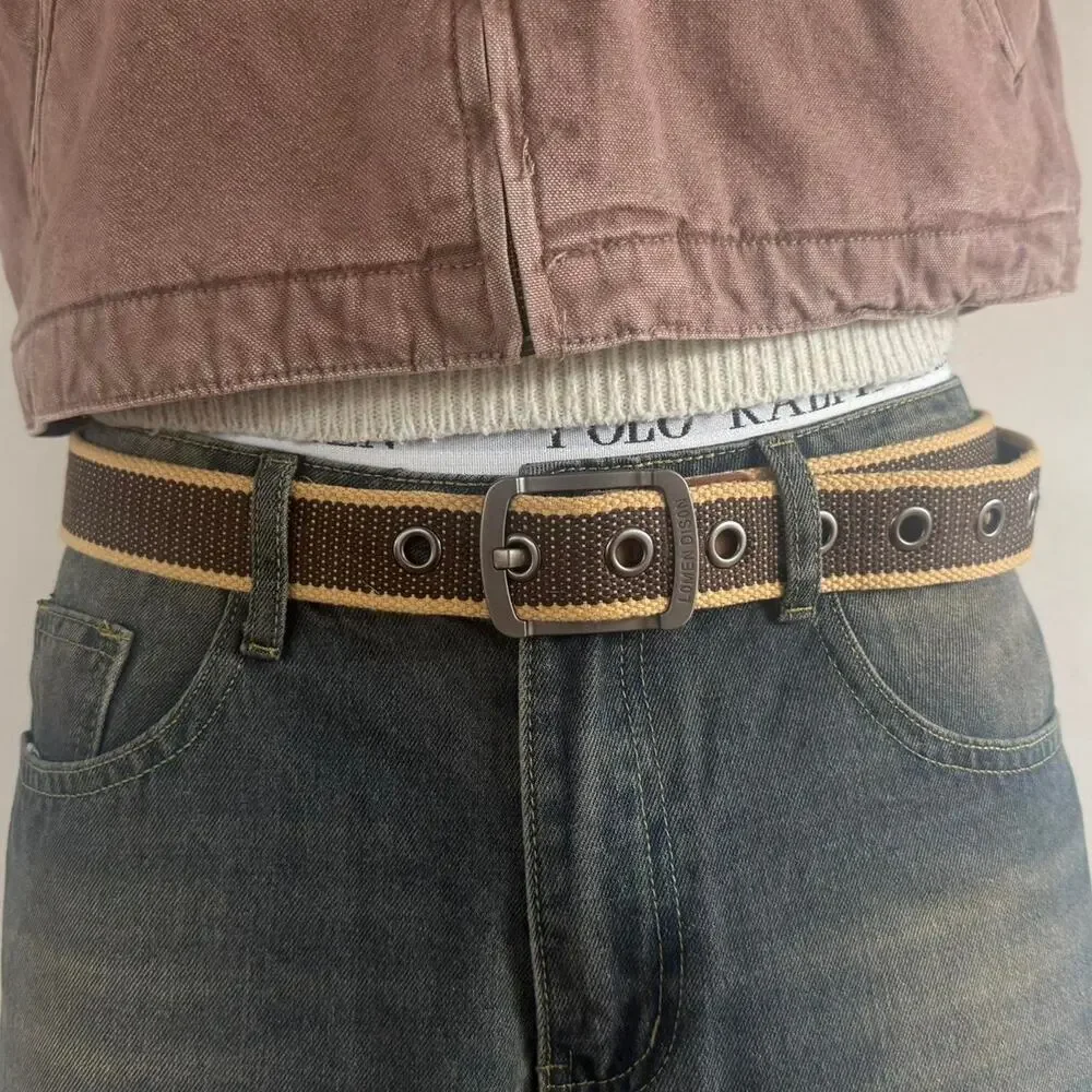 Vintage Brown Tan Canvas Belt Adjustable Fits 26-36 Unisex Streetwear Style